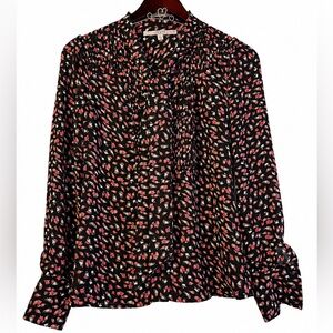 Guess Floral Pintuck Blouse Women’s size XS black pink boho long sleeve top Y2K